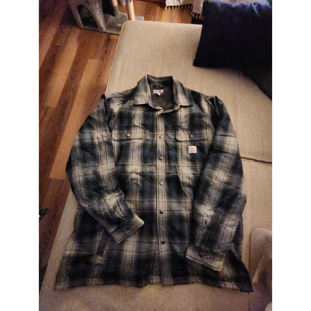 Carhartt Mens 3XL Sherpa Lined Flannel Shirt Jacket Blue Grey Plaid Relaxed Fit